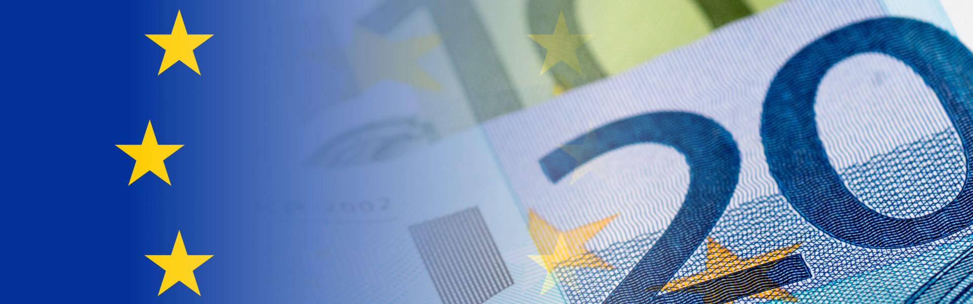 Euro banknotes and EU flag collage