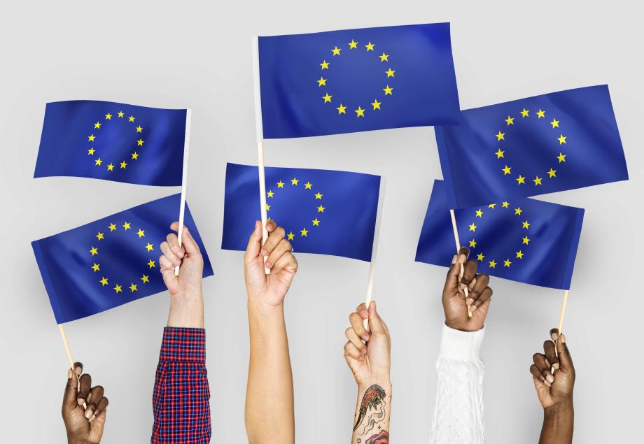 Young people holding EU flags