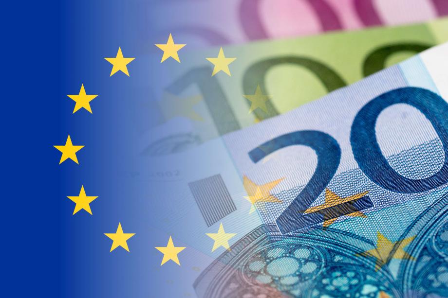 Euro banknotes and EU flag collage
