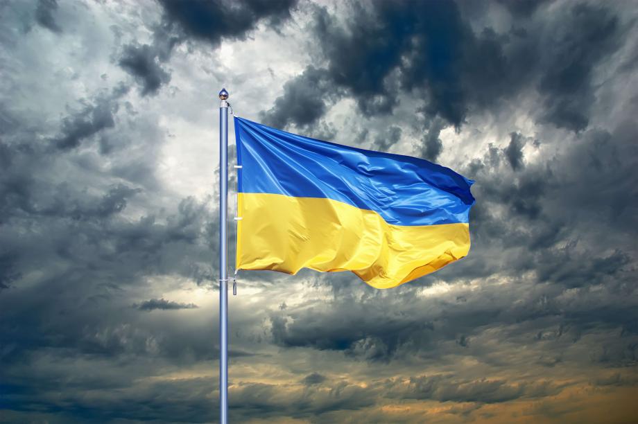 Ukraine Flag before stormy sky